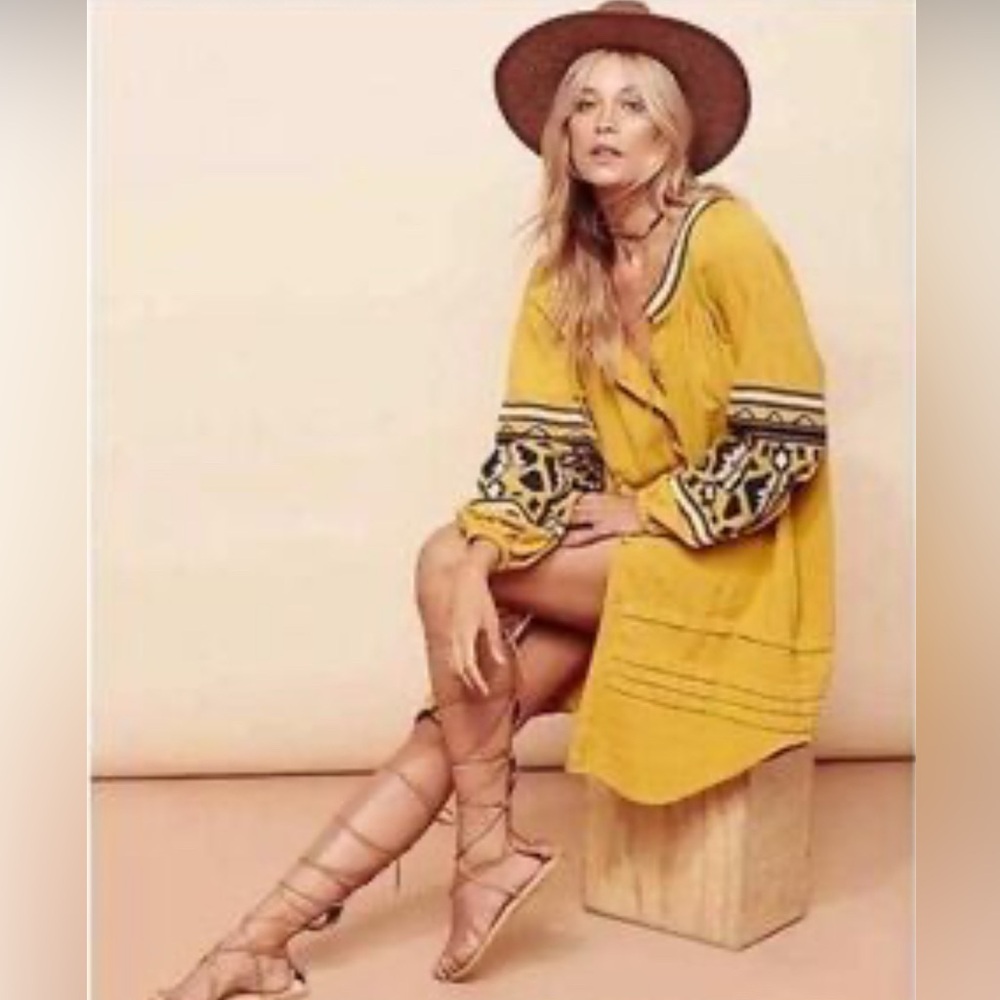 Free People In the Clear Embroidered Tunic Dress Gold Boho XS